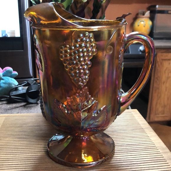 Indiana Carnival Glass Iridescent Gold Footed Pitcher Harvest Grape 64 oz - Picture 3 of 5